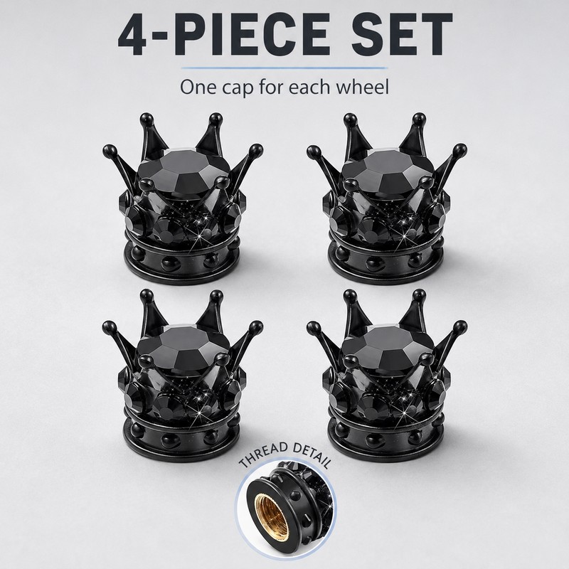 4-Piece Crown Rhinestone Tire Valve Stem Caps