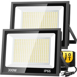 300W LED Flood Light Outdoor, 36000LM Brighter Work Light with 10FT US Plug, IP66 Waterproof Exterior Security Lights, 5000K Daylight White Outside Floodlights for Stadium Playground Garden, 2 Pack