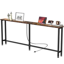 GRLEAF 70" Sofa Table with Built-in Power Strip (2 AC Outlets & 2 USB Ports) – 4.9ft Power Cord, Metal Frame, Easy Assembly, Long Couch Table Behind Sofa, Living Room and Home Office | Rustic Brown