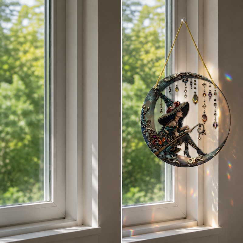 Moonlight Witch Acrylic Sun Catcher – 8-Inch Stained Glass Style