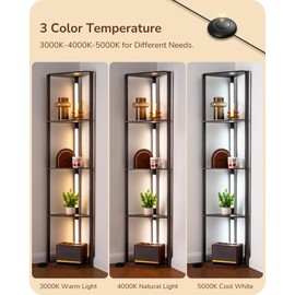 EDISHINE 64" Corner Shelf Floor Lamp for Living Room, Modern LED Corner Light with Shelves, 3CCT, Stepless Dimmable Tall Floor Light for Bedroom, Office, Dining Room, 3000K 4000K 5000K, Black Walnut