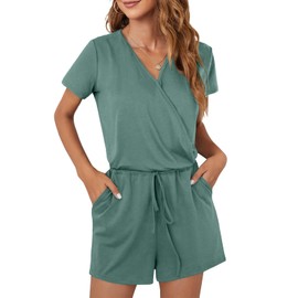 CLOUSPO Summer Jumpsuit Women's Elegant Playsuit Casual Jumpsuit Short Sleeve Romper Adjustable Elastic Waist Plain with Pockets, Grün-a, L