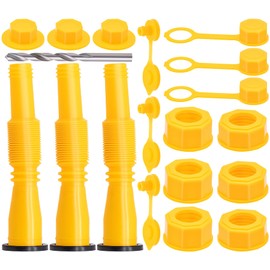 MEAJOO 3 Kit Gas Can Spout Replacement Set, Flexible and Retractable Nozzle, Durable Anti-Spill with Screw Collar Caps, Spout Cover, Base Cap, Drill Bit, Fit for 1/2/5/10 Gallon Gas Can(Yellow)