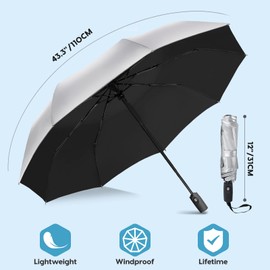 ZOMAKE Travel Umbrella UV Protection - Small Portable Umbrellas Compact Paraguas Automatic Folding Umbrella - Sun Parasol Windproof Shade Umbrella UV Blocking for Women Men(Silver & Black A)