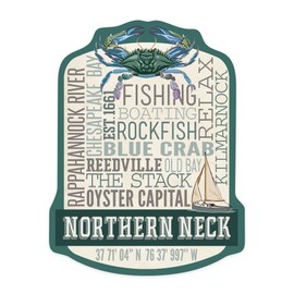 Die Cut Sticker Northern Neck, Virginia, Chesapeake Bay, Oyster Capital, Typography, Contour Vinyl Sticker 3 to 6 inches, (Waterproof Decal for Cars, Water Bottles, Laptops, Coolers), Large