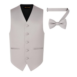 Exclusive Distributor Oliver George 2pc Solid Men's Vest and Bow Tie Set For Men | Men's Tuxedo and Suit Vest For Men | Solid Formal Waistcoat | Silver Large