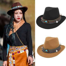 Felt Cowboy Hat Men Wide Brim Fedora Hat Cowgirl Winter Trilby Hat with Ethnic Band Women Sombrero Outdoor Warm Panama Hat Coffee,6 7/8-7 1/4