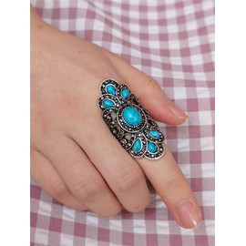 Vintage Turquoise Flower Leaf Statement Ring for Women Oxidized Silver Plated Black CZ Boho Filigree Wide Band Finger Rings Comfort Fit Bohemian Indian Bollywood Wedding Birthday Retro Jewelry Size 8 (Round)