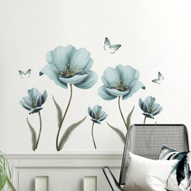 Tanlaby Large Flowers Wall Sticker Vintage Flowers Wall Sticker Blue Butterfly Wall Sticker for Women Living Room Bedroom Offices Sofa Background Home Wall Decoration