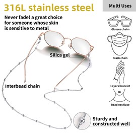 ChainsHouse Briellen Chain for Sunglasses, Reader's Glasses, Stainless Steel Chain for Glasses, Mask, Glasses Strap, Lanyard Bead, Glasses, Cords Holder, Strap Chain for Couples, B ball chain glasses