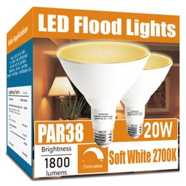 Gonhom Par38 Outdoor LED Flood Light Bulb 2 Pack, Dimmable Soft White 2700K,20W Replace up to 200W, 1800LM, E26 Base Flood Light Bulbs for Backyard, Garage, Porch, Garden