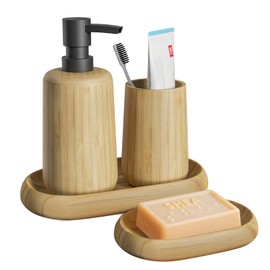 Asashizen Bathroom Accessory Sets, 4PCS - Bamboo Soap Dish, Soap Dispenser, Tray, Mouthwash Cup for Home Office Hotel
