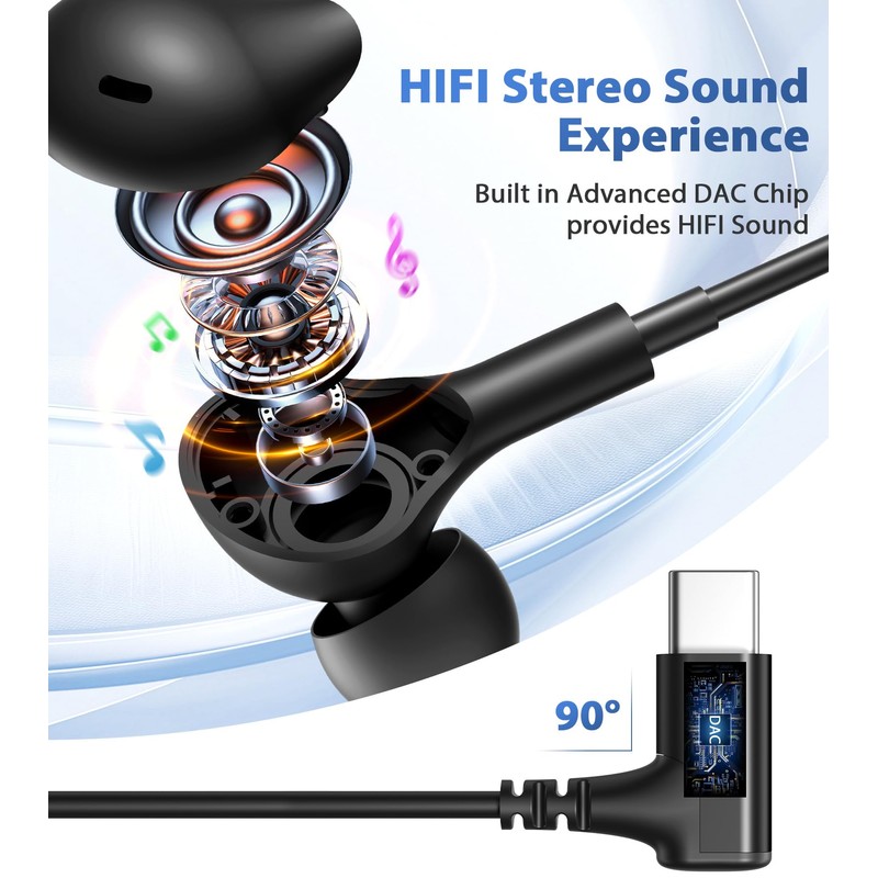 iMangoo USB C Headphones Wired Earbuds 90° Angled for Apple