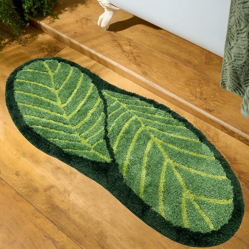 Green Bathroom Runner Rug - Leaf Long Bath Mat Plant