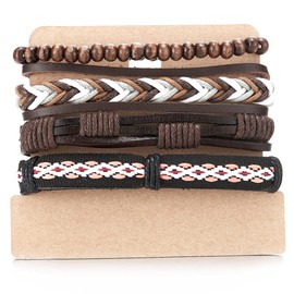 COOLSTEELANDBEYOND Mix of 4 Brown Wrap Around Strap Bracelet Men Women Multi-Strand Wooden Beads Tribal Cotton Leather Bracelet, Leather and cotton and wood, Non-applicable