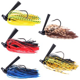 Swim Jig Fishing Lures Tour Grade Skipping or Swinging Jig Tied with Stainless Wire, Skirted Bass Jigs Great for Flipping/Pitching, Weedless Bass Lure 3/8 oz Sizes, 5 pc Multi-Color Kits