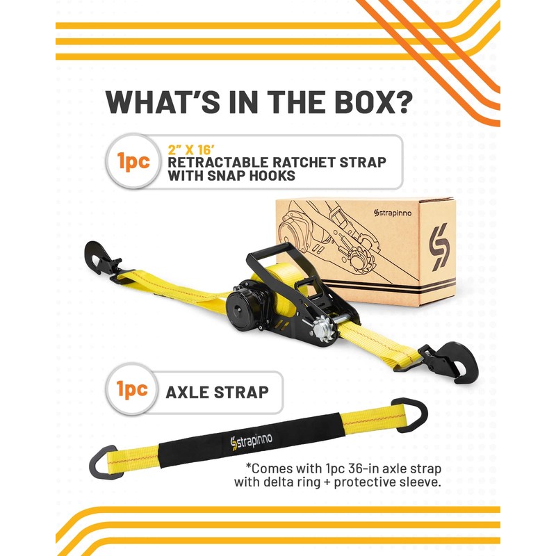 Strapinno Retractable Ratchet Tie-Down Strap 2in x 16ft Heavy-Duty with