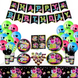 90s Party Supplies - Back to the 90s Party Decorations Set Including HAPPY BIRTHDAY Banner, Plates, Cups, Napkins, Tableware, Tablecloth - Serves 20