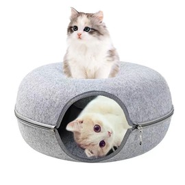 Cueva grande de donas para gatos, cama túnel para gatos de interior, juguetes resistentes a los arañazos, hasta 30 libras (gris claro, grande)