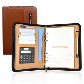 Elezeal PU Leather Conference Portfolio Folder Loose Leaf A5 Binder Ring Binder Personal Work Padfolio with Calculator, Zipper Pocket and Refillable Pages, Business Notebook Zipped Organiser