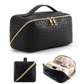 SOZOMO Cosmetiquera de Viaje de Gran Capacidad ，Bolsa de Maquillaje de Cuero PU Impermeable con Asa y Separadores， Bolsa Organizadora de Cosmeticos, Neceser de Viaje para Mujer Portátil (Negro)