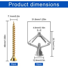 Plasterboard Fixings, 100 Pcs Plasterboard Wall Plug, 50 Butterfly Plasterboard Raw Plugs and 50 Plasterboard Screws, Anti Rotational Expansion Tubes for Hollow Drywall Cavity