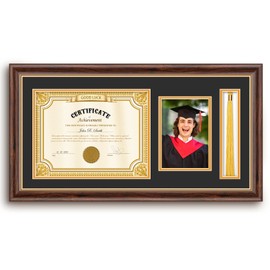 euwazram 11x22 Walnut Finish Solid Wood Diploma Frame – Holds 8.5x11 Certificate with Tassel and 5x7 Photo Holder, Black with Gold Mat, Graduation Gift for Him or Her