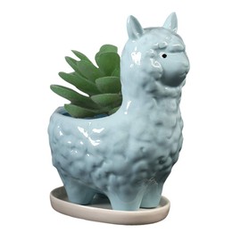 Gemseek Cute Llama Succulent Planter Pot with Drainage Tray, White Ceramic Cactus/Flower Container, Animal Alpaca Bonsai Holder for Indoor Plants