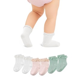 Zando Baby Girl Socks 12-18 Months Toddler Ruffle Socks with Grippers for Preemie Newborn Infant Kids - Cotton Seamless Girls Stockings Ankle High with Lace Frilly Edge White*2/Baby Pink*2/Green*2