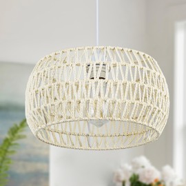 OCWHT Rattan Pendant Light Fixture Basket Hanging Drum Chandelier Basket Light White Boho Ceiling Light Flush Mount Ceiling Light Woven Kitchen Chandelier for Dinning Room Hallway Bedroom Chandelier