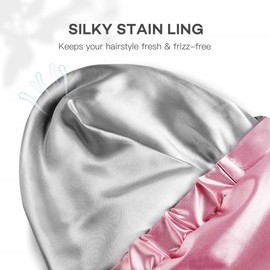 Large Shower Cap for Women Reusable Waterproof Adjustable Shower Cap with Silk Satin Lined Luxury Shower Cap for Long Hair (Pink, One Size)