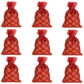 Touchstone Drawstring Bags Traditional Indian Handcrafted in Mimosa Leaf Pattern Brocade Fabric. Perfect for Gifts Jewelry Weddings Sweet Distribution Set of 9 Vibrant Red Pouches Purses Potli.