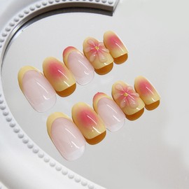 Fall Flower Press on Nails 24 Pcs Yellow French Tips Acrylic Fake Nails Short Oval Glossy Red Gradient False Nails Gel Glue on Nails Manicure Gold Glitter Stick on Nails for Coquette Women Girls