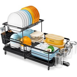 Dish Drying Rack Two Tier, Expandable 2 Tier Dish Rack for Kitchen Counter, Extendable Over The Sink Dish Drainer, Large Multifunctional Dish Strainer with Removable Top Shelf for in Sink Use, Black