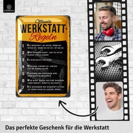 LANOLU Retro Tin Sign Workshop Sign – Funny Workshop Rules for Men – Important Rules for the Workshop, Car Mechanic Gift Father's Day, Garage Decorative Metal Sign 20 x 30 cm