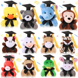 Blueweenly 12 Pcs Grad Small Stuffed Animal Bulk Graduation Mini Plush Animal Toy with Cap Grad Tiny Stuffed Bear Keychain for Party Decoration Goodie Bag Filler Toy Carnival Prizes Exchange Gift