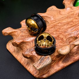 COOEAR Pair Stainless Steel Ear Tunnels and Plugs Black Antique Gold Skull Ear Gauges 0g to 1 Inch, Metal, Sandstone