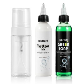 ISEHERI - Professional White Tattoo Ink & Ultra Concentrated Green Soap Tattoo, 4 oz with Foaming Bottle - Premium Quality Kit for Tattoo Artists