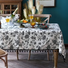 SUTAVIA Boho Cotton Linen Tablecloth Bohemian Beige Black Floral Fabric Embroidery Lace Farmhouse Table Top for Home Decor Holiday Party Dining Table Indoor (Black Flower, Rectangular 52"x70")