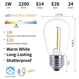 ECOVANIA Outdoor String Light Bulbs, 1Watt Shatterproof S14 Replacement Light Bulbs, Vintage Style,E26 Medium Base, 2200K Warm White, 11 Watt Equivalent, 24 Pack
