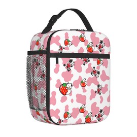Pink Strawberry Cows Print Reusable Lunch Box Food Bag Insulated Lunch Bag for Teenage Boys Girls School Beach
