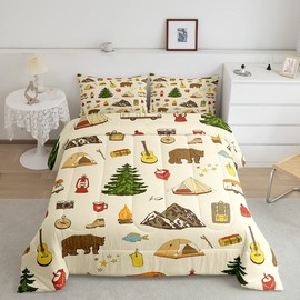 Camping Adventure Comforter Set Twin Size for Boys Teens Girls Kids Room Decor Cartoon Bear Tent Mountain Tree Quilt Set Outdoor Life Bedding Set 2pcs Traveling Lover Duvet Insert,1 Pillowcase