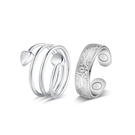 Jecanori Copper Rings for Women, Pure Copper Magnetic Lymphatic Drainage Rings for Women(Silver-flower&heart)