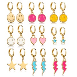 9 pairs /18 pairs, college style earrings, fashion personality earrings, smile heart star lightning and colorful pendant, make you look more vibrant, energetic, young.（age：over 3 years old）Christmas earrings