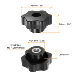 sourcing map 4pcs Star Knobs M8 Female Thread 48mm Head Plastic Through Hole Brass Screw-in Clamping Handles Threaded Hand Knobs, Black