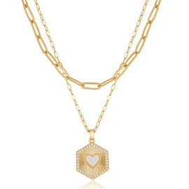 WARMDAY Layered Initial Necklaces for Women 14K Gold-Plated Hexagon Pendant Trendy Retro Choker Capital Letter Name Necklace Jewelry Birthday Gifts for Women