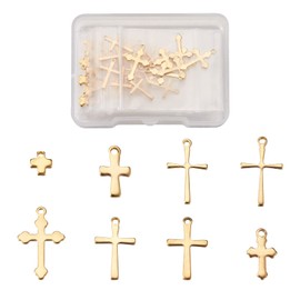 KISSITTY 48pcs/box Stainless Steel Polished Cross Pendants 8 Style Golden Vintage Metal Religious Cross Dangle Charms for Necklace Bracelet Earring Making Handicraft