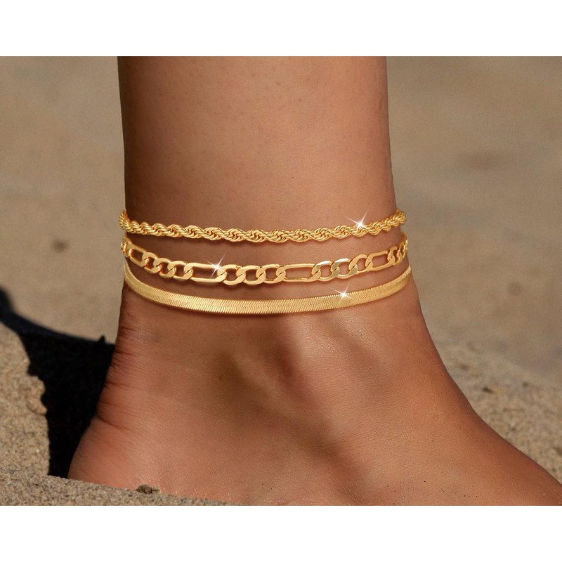 CAROVO Gold Ankle Bracelets for Women 14K Real Gold Plated