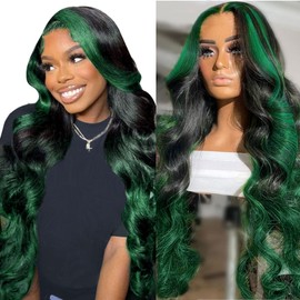 haha Black Green Ombre Lace Front Wig Human Hair Highlight Green Lace Front Wig Pre Plucked Skunk Stripe Body Wave Hd Lace Frontal Wig 13x4 Glueless Colored 24 Inch 150% Density