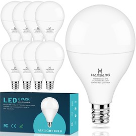 hansang 8 Pack Ceiling Fan Light Bulbs E12 Base, 60Watt Equivalent, 6000K Cool Daylight, A15 Small Candelabra Base Chandelier Bulbs, 600LM, 120V, CRI 85+, Non-dimmable